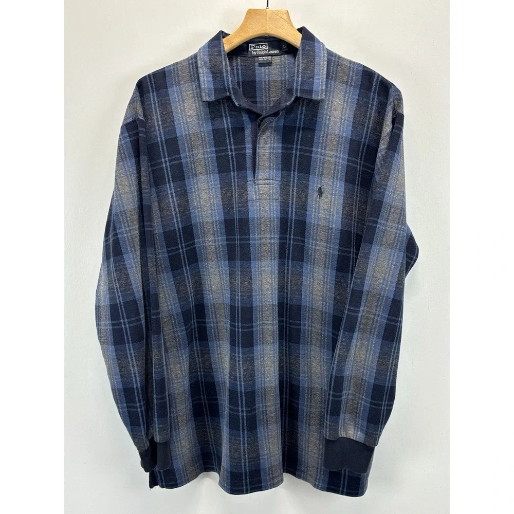 Vtg Polo Ralph Lauren Flannel Polo Shirt Men's L Blue Grey Plaid Pony Logo 90s